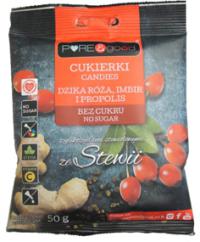 Cukierki dzika róża, imbir i propolis o smaku róży bez dodatku cukru 50g Pure&Good