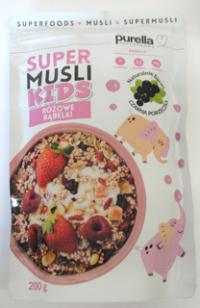Musli super kids różowe bąbelki - mieszanka płatków zbożowych z papają, jagodami goji i wiśnią 200g Purella