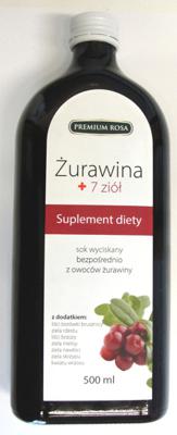 Sok wyciskany bezpośrednio z owoców żurawiny z kompleksem ziół 500ml Premium Rosa